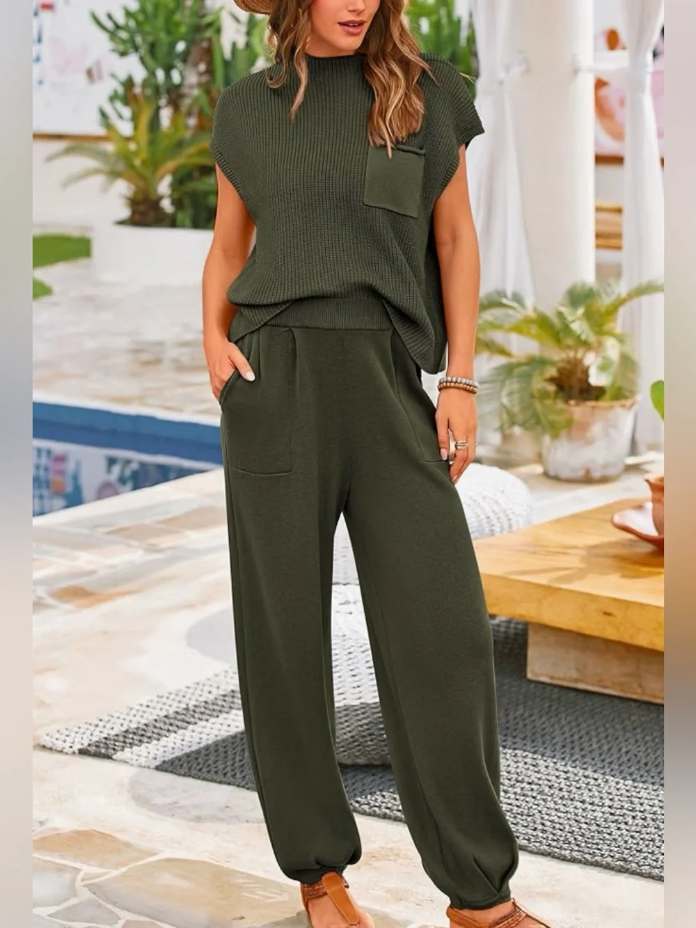 Pretty garden  Olive Knit Sleeveless Top & Jogger Set